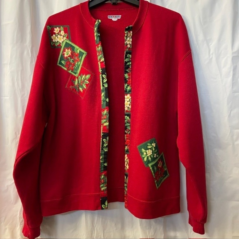 Vintage 90s Jerzees Christmas Cardigan Sweatshirt Holly & Poinsettias Patches L